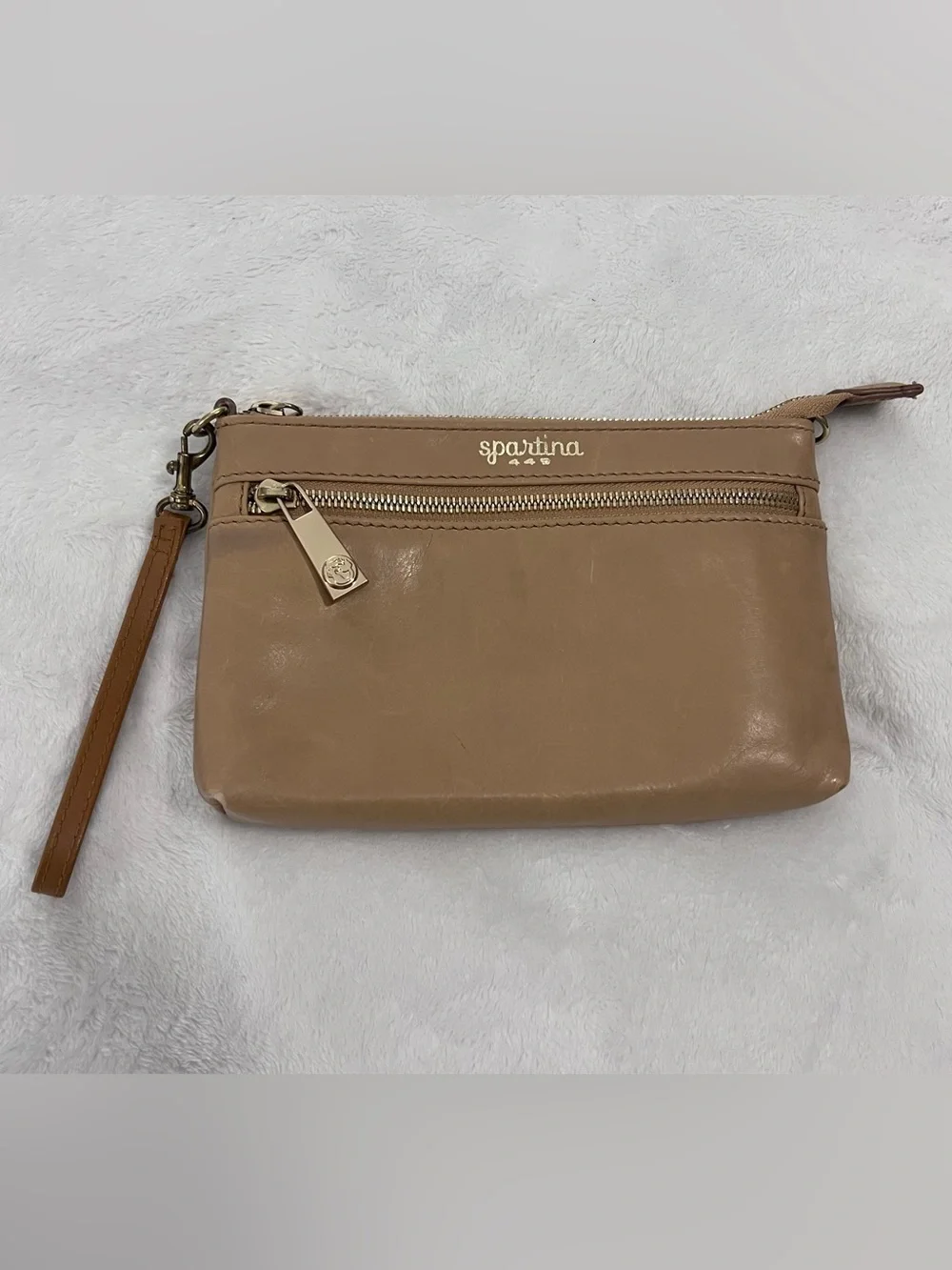 Spartina 449 Leather Wristlet Zipper Pouch Tan